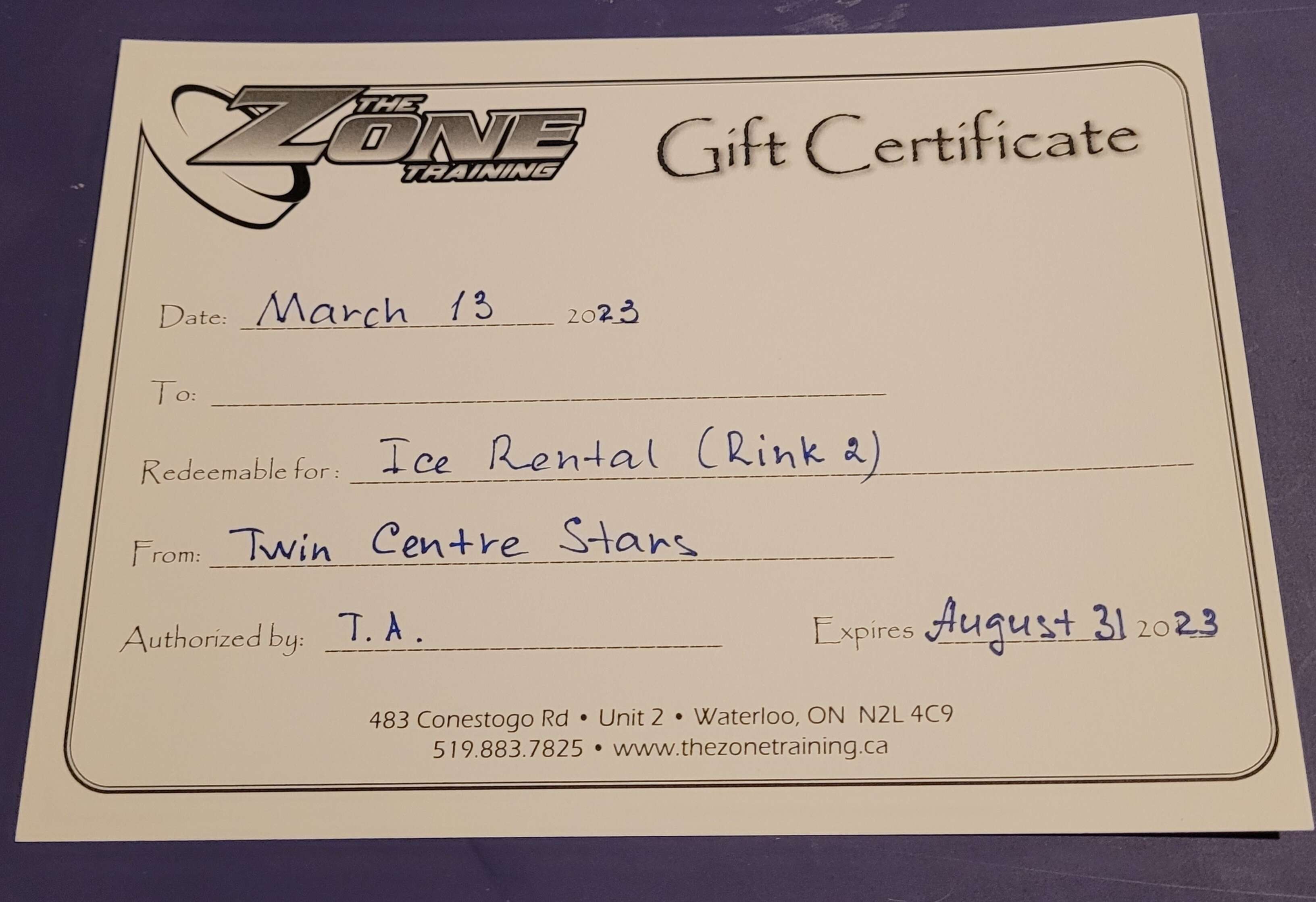 Ice Rental at The Zone, Gift Card #1